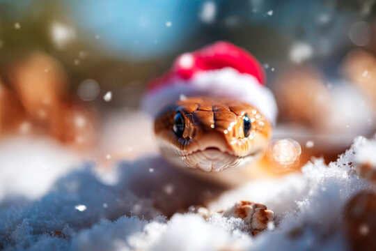 Festive inland taipan snake with Santa hat in winter snow scene