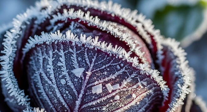 Frosty embrace: A red cabbage adorned with delicate ice crystals capturing winter's beauty in a close-up of nature's