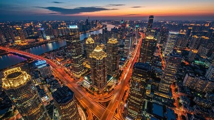 Dynamic aerial city view with bustling streets and soaring skyscrapers