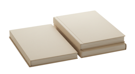 Two blank beige hardcover books stacked and side by side isolated on white background, perfect for education and writing projects