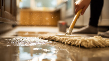 Obraz premium Cleaning up water leaks from plumbing issues in a kitchen