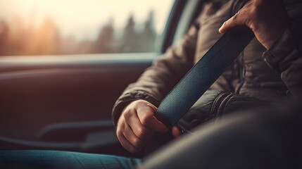 Person fastening seat belt in car for safety