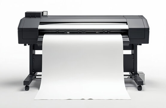 Large format printer with roll of paper. Pro machine for digital printing, graphic design, banners, posters and advertising production. Commercial output equipment.