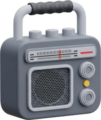 A 3D rendered gray portable radio with a black handle three tuning knobs a frequency dial speaker grill and two control knobs vintage radio retro radio