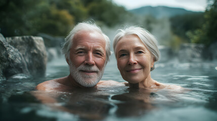 Senior couple enjoying hot spring wellness relaxation