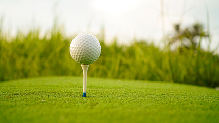 Golf ball on green grass in the evening golf course with sunshine background.