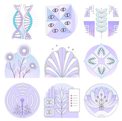 Geometric flora abstract botanical symbols set, vector collection of 9 minimalist plant illustrations in purple tones for modern design and decor projects
