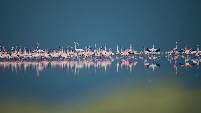 A large flock of flamingos wading in Sambhar Lake, Rajasthan, India. Soft pastel reflections, calm water, and golden light create a serene wildlife scene of harmony, beauty, and nature&rsquo;s grace.