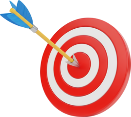 A yellow arrow with blue fletching is precisely hitting the bullseye of a red and white circular target accuracy success precision goal aim objective competition