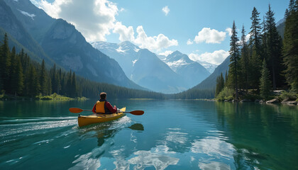Man in yellow kayak paddles on blue lake surrounded by pine forest and snow capped mountains. Calm water reflects sky and clouds. Solo adventure on pristine nature.