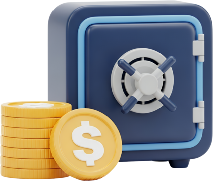 Blue 3D render of a closed safe with a stack of gold coins featuring dollar signs in front Money Finance Banking Security Treasure Wealth Investment Savings
