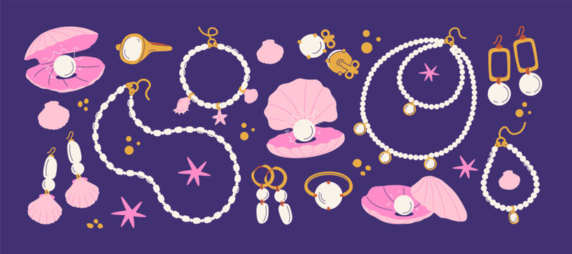 Jewelry and pearls in retro cartoon. Sea treasures: earrings, necklaces, seashells, pearl rings. Marine fashion elements for beach lifestyle. Illustration in funky, doodle style, trendy sticker
