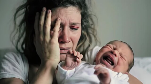 A newborn baby in a white onesie cries frantically; a young caucasian woman reveals profound exhaustion and despair. Overwhelming parental stress concept