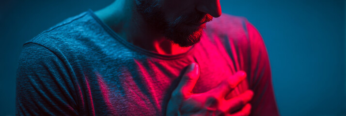 Man experiencing heart problems in emergency situation while feeling chest pain at night