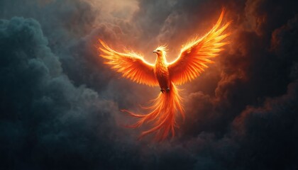 Fiery phoenix bird rises from dark smoke clouds. Mythical creature with wings glowing orange. Fantasy art perfect for game design. Image depicts rebirth symbol.