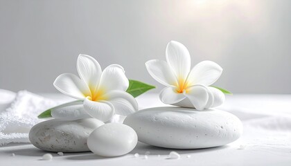 Serene spa scene with white frangipani flowers and smooth river stones on a clean white surface with soft natural light creating a tranquil atmosphere and sense of relaxation