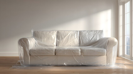 Sofa covered in plastic in empty room moving