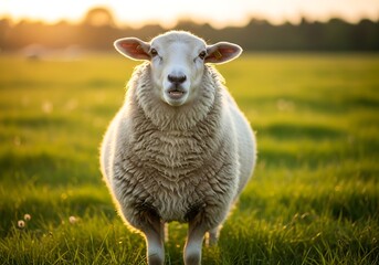Naklejka premium A fluffy white sheep stands in a vibrant green field, bathed in the warm glow of a golden sunset, looking directly at the camera.