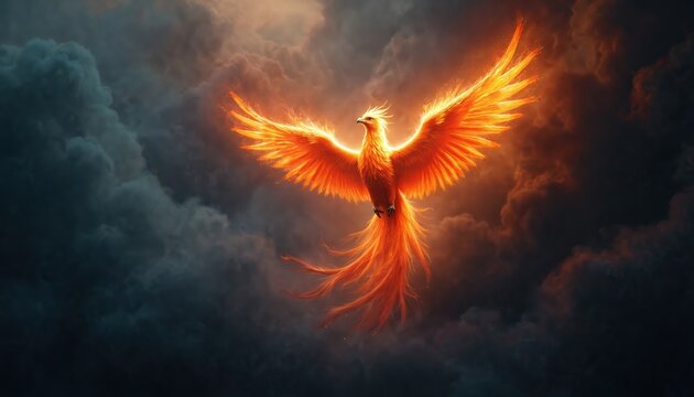 Fiery phoenix bird rises from dark smoke clouds. Mythical creature with wings glowing orange. Fantasy art perfect for game design. Image depicts rebirth symbol. - Powered by Adobe