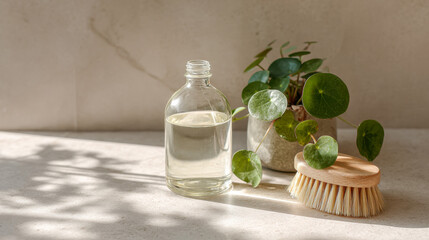Obraz premium Cleaning products arranged in a minimalist scene with greenery and natural light