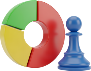 A 3D rendering shows a colorful pie chart with sections of red yellow and green next to a blue chess pawn data strategy business analysis concept decision