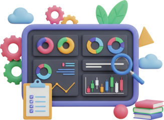 3D visualization of digital dashboard displaying charts graphs clipboard magnifying glass gears and clouds data analysis statistics analytics business intelligence