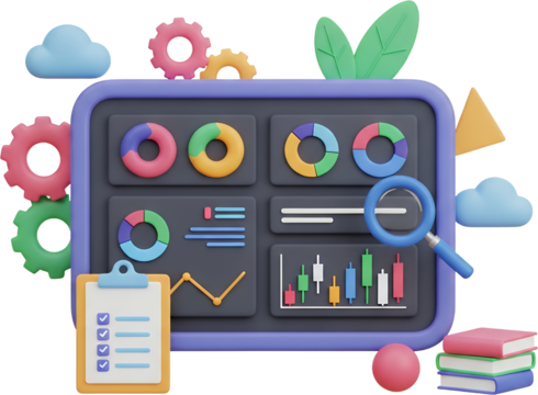 3D visualization of digital dashboard displaying charts graphs clipboard magnifying glass gears and clouds data analysis statistics analytics business intelligence