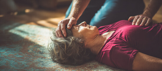 Person kneeling beside individual during health emergency in indoor setting