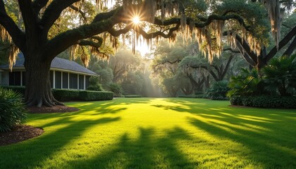 Golden sun rays pierce through large oak trees, draped with Spanish moss, illuminating bright green grass lawn. Long shadows stretch across peaceful garden. Charming house with screened porch sits