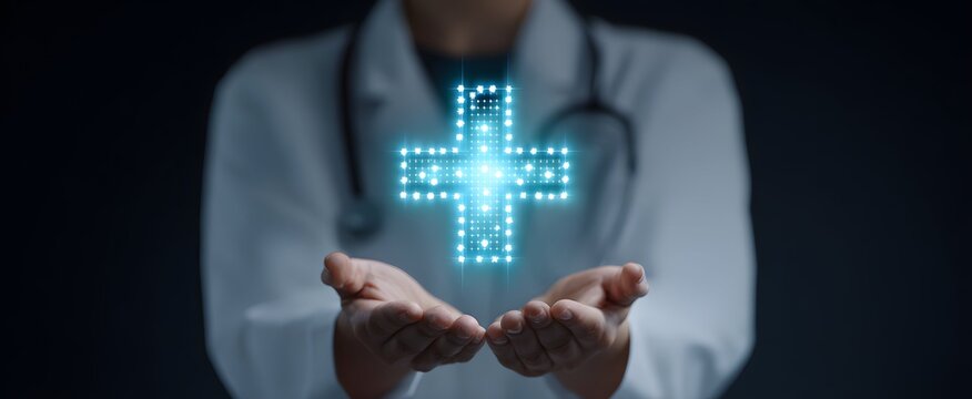 Doctor unveiling a digital healthcare cross hologram like a futuristic medical magic trick - Powered by Adobe