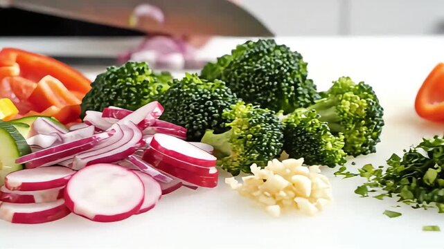 Vibrant Assortment of Fresh Chopped Vegetables on a Cutting Board Healthy Meal Preparation with Colorful Broccoli Bell Pepper Zucchini and Onion