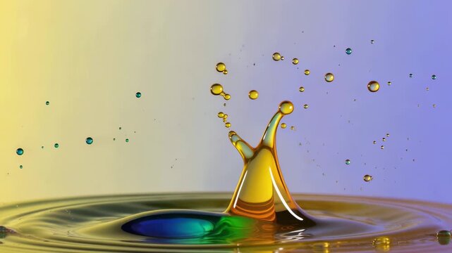Colorful liquid collision forms sculptures in water on a graduated backdrop for science