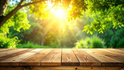 Sunny Woodland Scene With Rustic Wooden Table In The Foreground And Bright Golden Sunbeams Shining Through Lush Green Trees