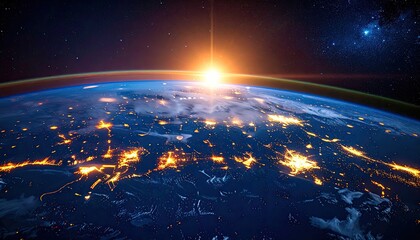 Sunrise Over Earth City Lights From Space With Stars Visible And Lens Flare In Atmosphere With Blue And Orange Hues