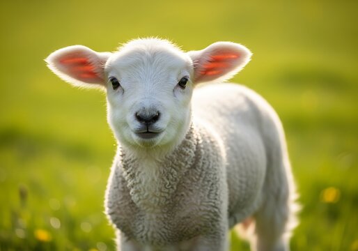 An adorable white baby lamb stands in a lush green field, backlit by the warm sun.