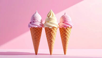 Three Sweet Ice Cream Cones with Pink and Vanilla Flavors on a Soft Pink Background with Dramatic Shadows and Sunlight