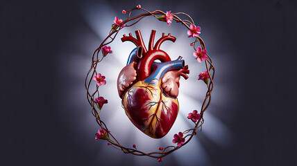 Stunningly detailed anatomical heart entwined with delicate blooming vines and pink flowers, symbolizing life, love, and health.