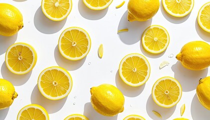 Top Down Full Frame Photo Of Vibrant Yellow Lemons And Slices Arranged Tightly On A White Surface With Soft Daylight Illumination Creating Distinct Shadows