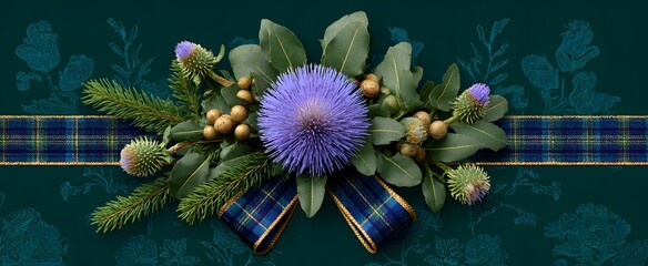 St Andrews Day thistle ornament tied with a cozy Scottish tartan ribbon wrap
