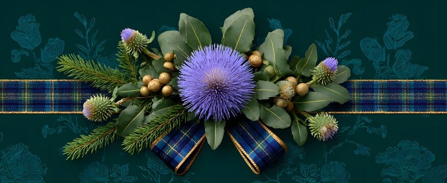 St Andrews Day thistle ornament tied with a cozy Scottish tartan ribbon wrap
