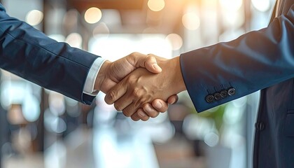Two businessmen shaking hands indoors with blurred background warm lighting and bokeh effect conveying partnership success and agreement