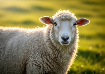 Fototapeta premium A close-up shot of a fluffy white sheep standing in a sunlit green field, looking directly at the camera with a gentle expression.