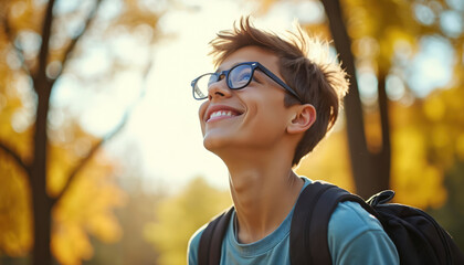 Smiling teenage boy with glasses wears backpack, looks up with hope in sunny park. He is ready for education, travel, and self-discovery in autumn.