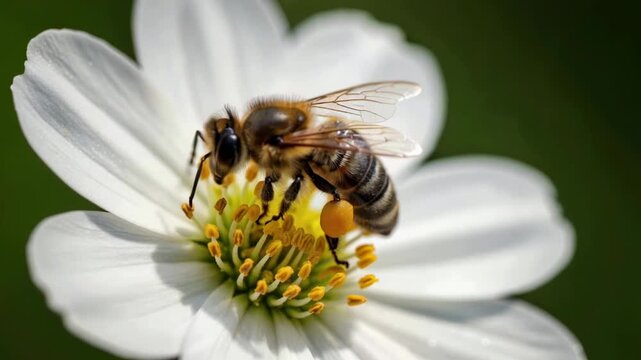 Bee collecting pollen on a flower in garden; sunny background for pollination/biodiversity themed stock photography