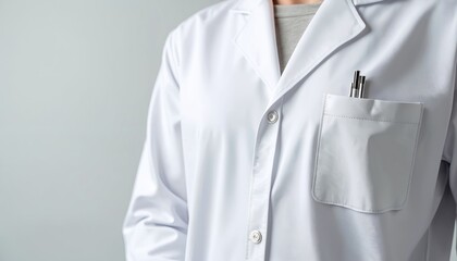 Person wearing white lab coat with pocket and pens. It is a detail shot. Medical pro, scientist. Plain background for copy space. Healthcare and pharmaceutical concept.