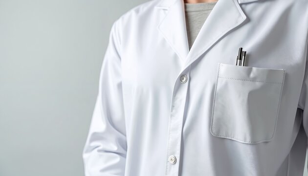 Person wearing white lab coat with pocket and pens. It is a detail shot. Medical pro, scientist. Plain background for copy space. Healthcare and pharmaceutical concept.