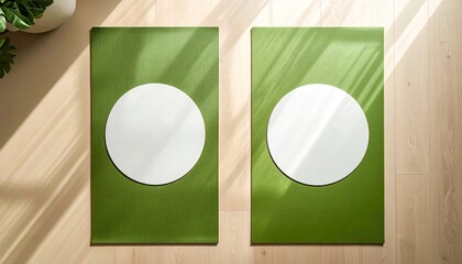 Two rectangular green textured boards with circular white cutouts casting soft shadows on a light wooden surface bathed in natural sunlight from the side