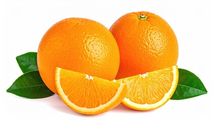 Two Whole Oranges and Two Slices With Green Leaves on a White Background Illuminated by Studio Light