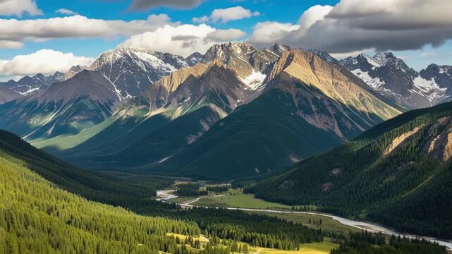 Majestic mountains loom, river carves valley below, clouds dance for website header