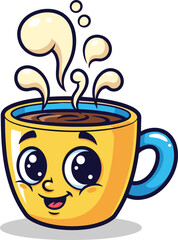 Cute Hot Coffee or Tea Cup Mascot. Cartoon Character with Big Eyes and Steam. Happy Morning Drink Vector Illustration for Cafe and Breakfast Design.